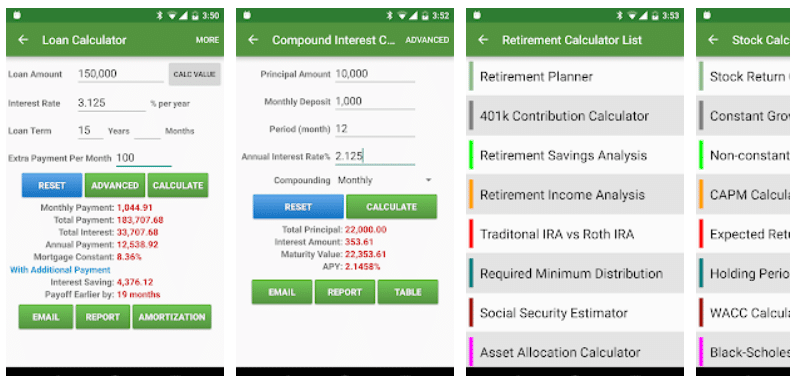 Financial planning calculator app functions
