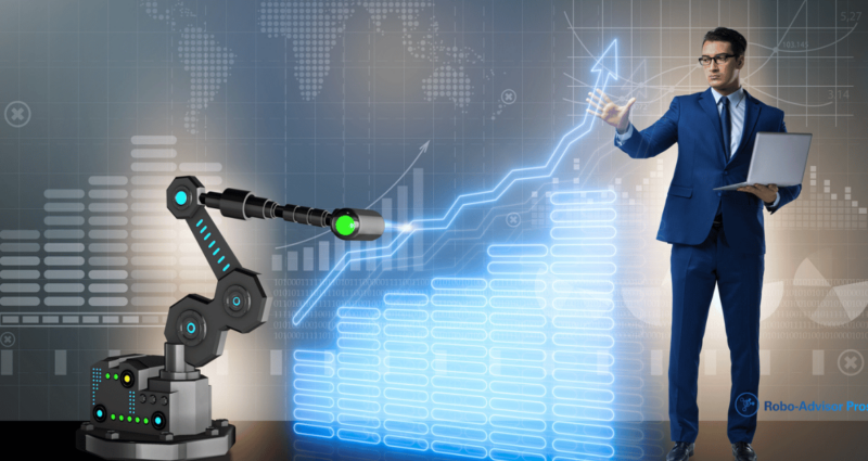 how much money can you make with a robo advisor-robot with man with computer and upward graph