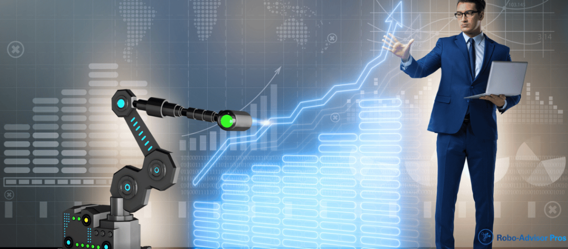 how much money can you make with a robo advisor-robot with man with computer and upward graph